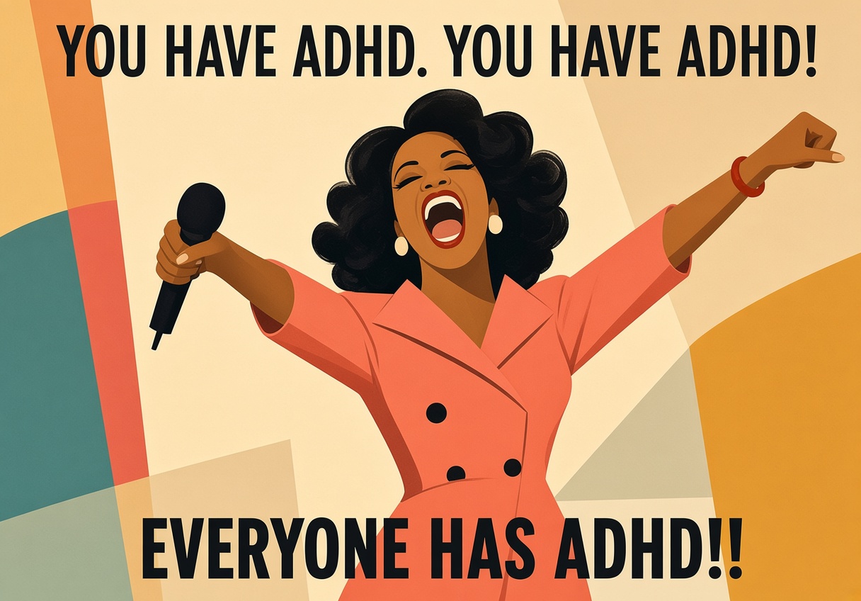 Midcentury illustration of a woman holding a microphone beneath the words You Have ADHD and Everyone Has ADHD
